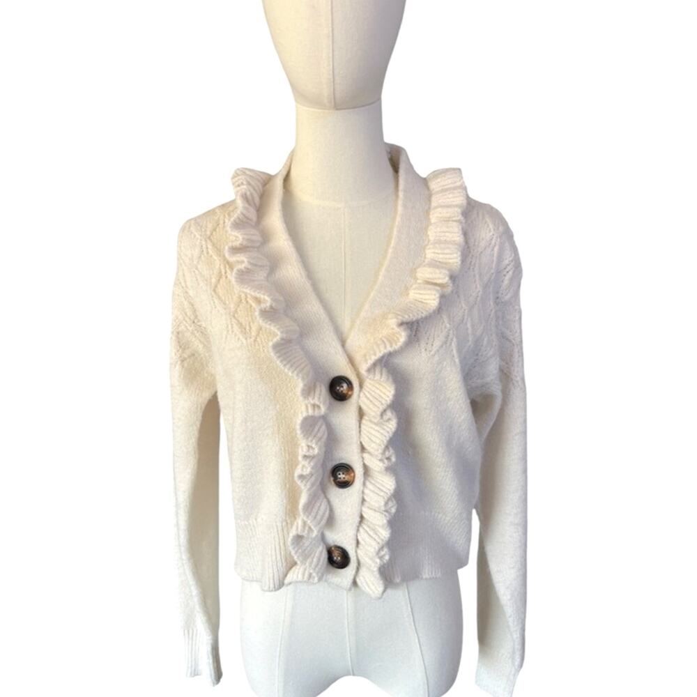 Elie Tahari Cream Ruffle Knit Cardigan Sweater Size M Medium Button Front Crop